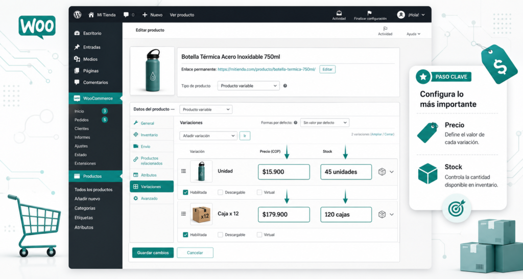 7 pasos clave para dominar los productos variables en WooCommerce y vender más 3 Configurar Precio Y Stock En Productos Variables Woocommerce